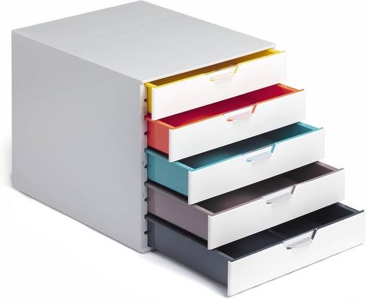 Durable 762527 - Cajonera (A4, varios colores), 5 Fächer | Plástico ABS estable, para formatos A4 y C4, cajones apilables con tope de extracción, 280x292x356 mm, Made in Germany