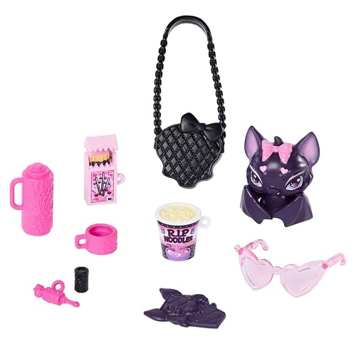 Monster High Muñeca Look Monstruoso Draculaura con Vestido, 7 Accesorios de Moda, Mascota Count Fabulous, para niñas de 4 años en adelante