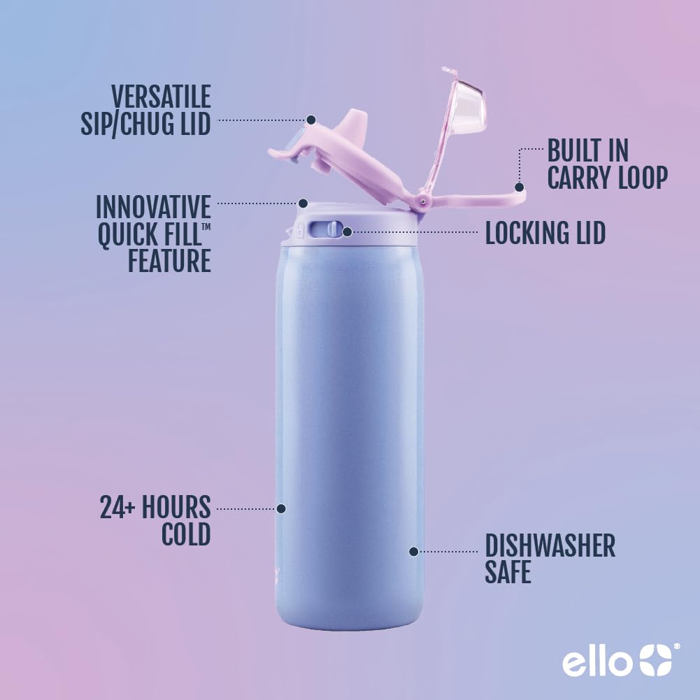Ello Kids Pop & Fill - Botella de agua de acero inoxidable de 18 onzas con tecnología de llenado rápido, aislamiento al aspiradora de doble pared, tapa de bloqueo a prueba de fugas, sin BPA, regalos