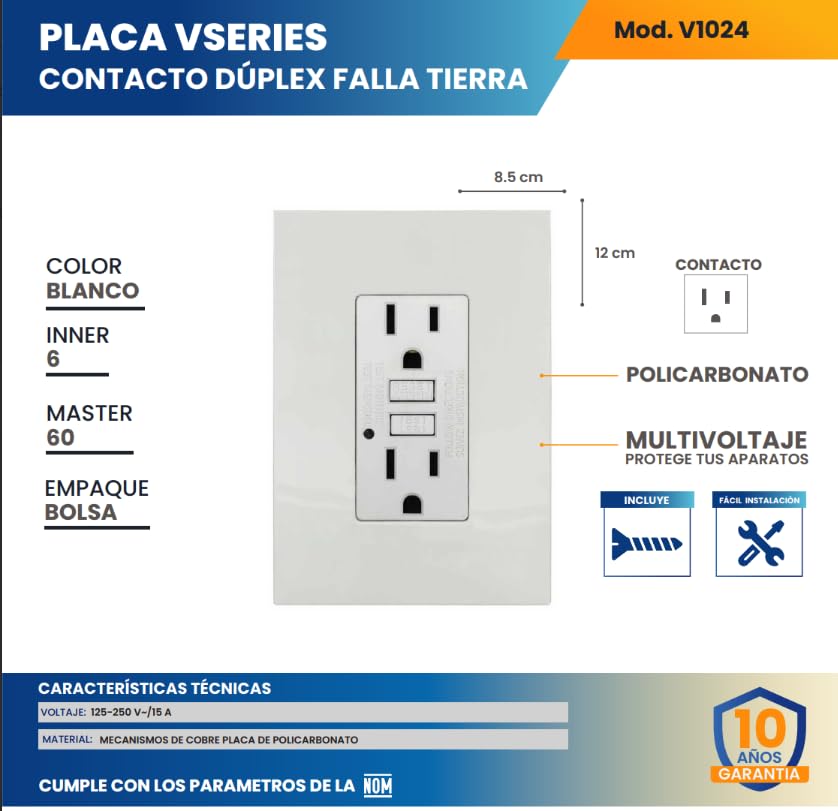 Igoto V1024 Contacto Dúplex con Falla a Tierra (GFCI) con Placa Blanca de Policarbonato | Toma Eléctrica de Seguridad 15A 125-250V Protección contra Descargas Fácil Instalación