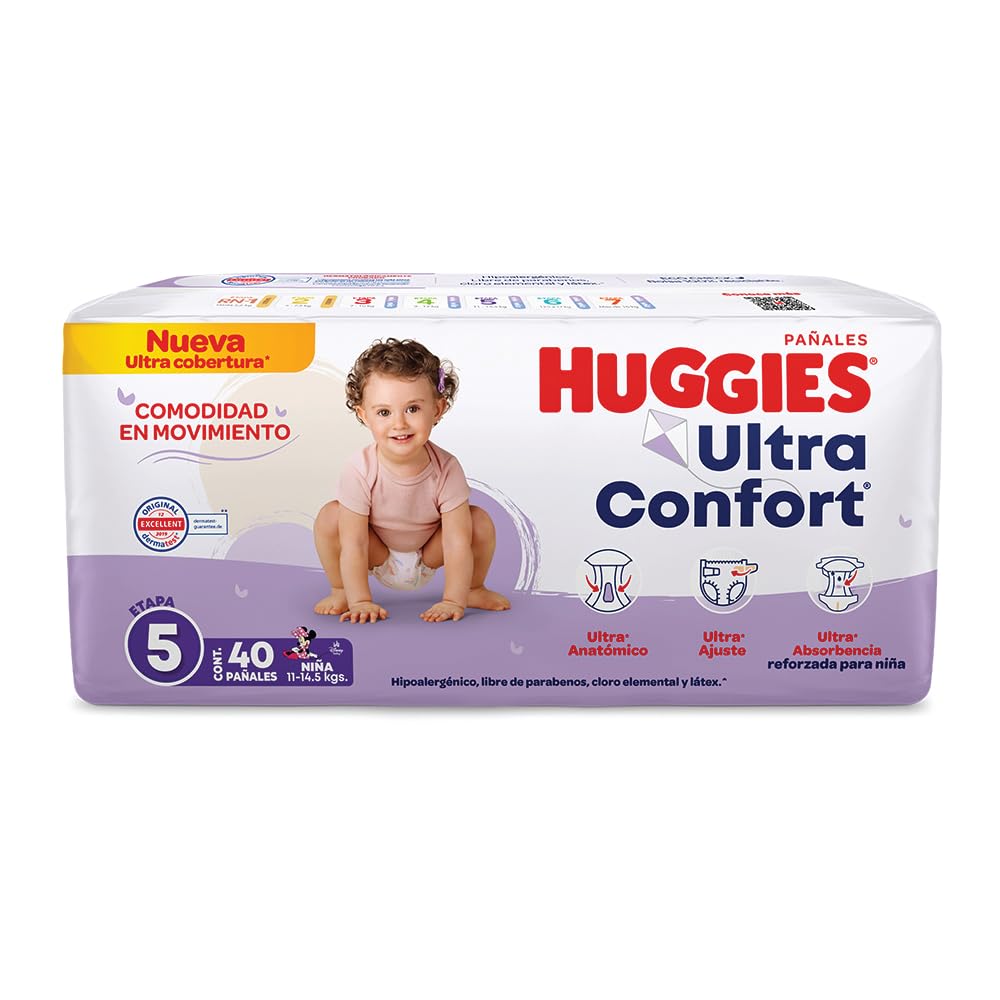 Huggies UltraConfort Pañal Desechable para Bebé, Etapa 5 Niña, Paquete con 40 Piezas, Ideal para niñas de 11 a 14.5 kg