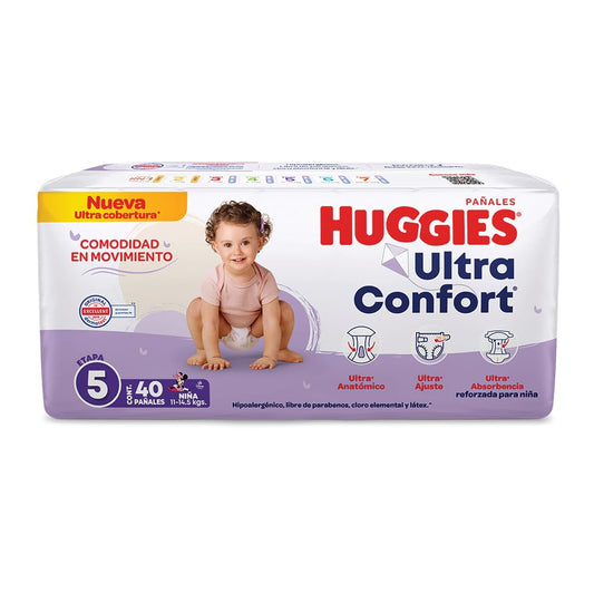 Huggies UltraConfort Pañal Desechable para Bebé, Etapa 5 Niña, Paquete con 40 Piezas, Ideal para niñas de 11 a 14.5 kg
