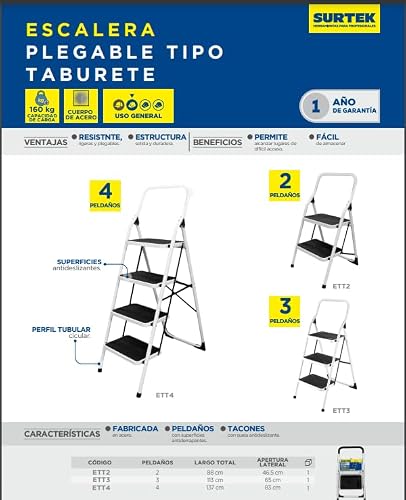 Surtek ETT3 Escalera Tubular Plegable Tipo Taburete de Acero de 3 escalones