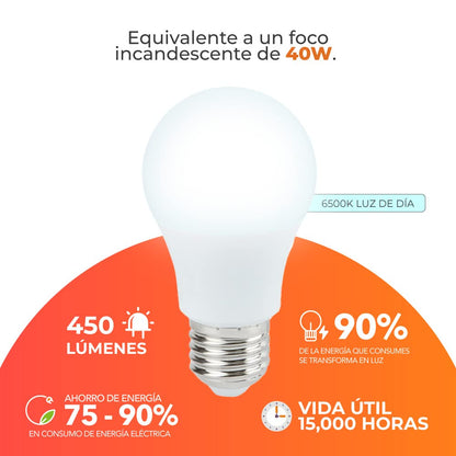 Tecnolite - Paquete de 10 Focos Ahorradores, Foco LED A19, Color Blanco 5 W, Base E27, 450 lumens, Luz de Día 6500 K, 100 - 240 V, Protegidos en Caja Individual