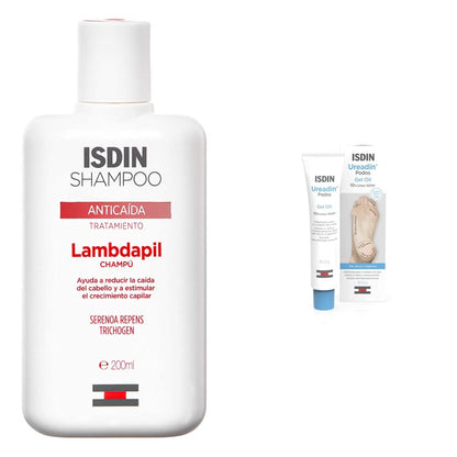 ISDIN Lambdapil, Champú Anticaída, Ayuda a Reducir la Caída del Cabello y Estimula el Crecimiento Capilar, 200ml + Ureadin Podos Gel Oil, Repara e hidrata los pies secos y agrietados, 75ml