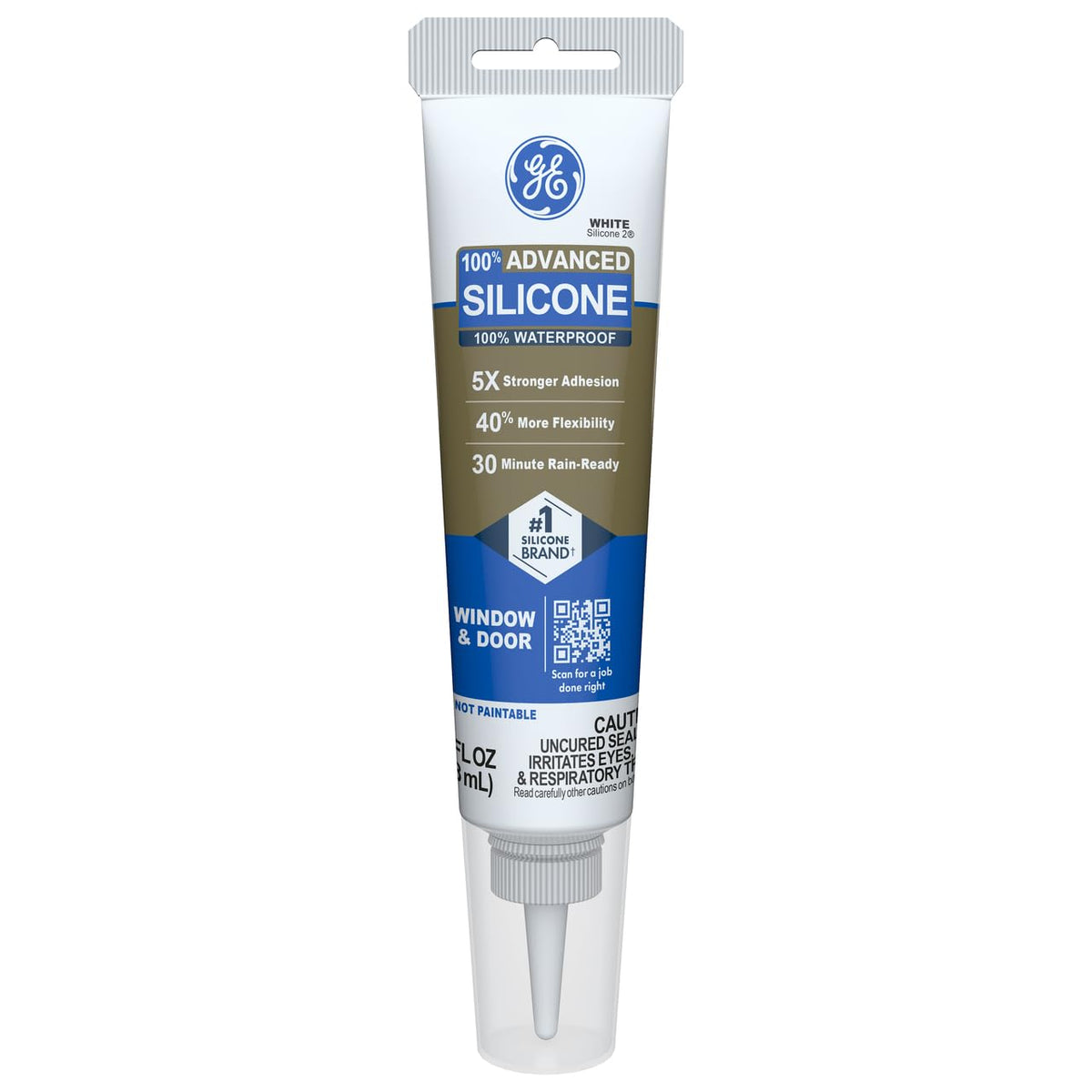 GE Advanced Calafaté de Silicona para Ventanas y Puertas | Blanco, 3.8 oz, tubo, 100% impermeable, 5 veces más fuerte, resistente a congelación