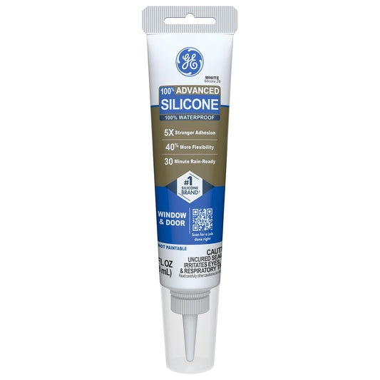 GE Advanced Calafaté de Silicona para Ventanas y Puertas | Blanco, 3.8 oz, tubo, 100% impermeable, 5 veces más fuerte, resistente a congelación