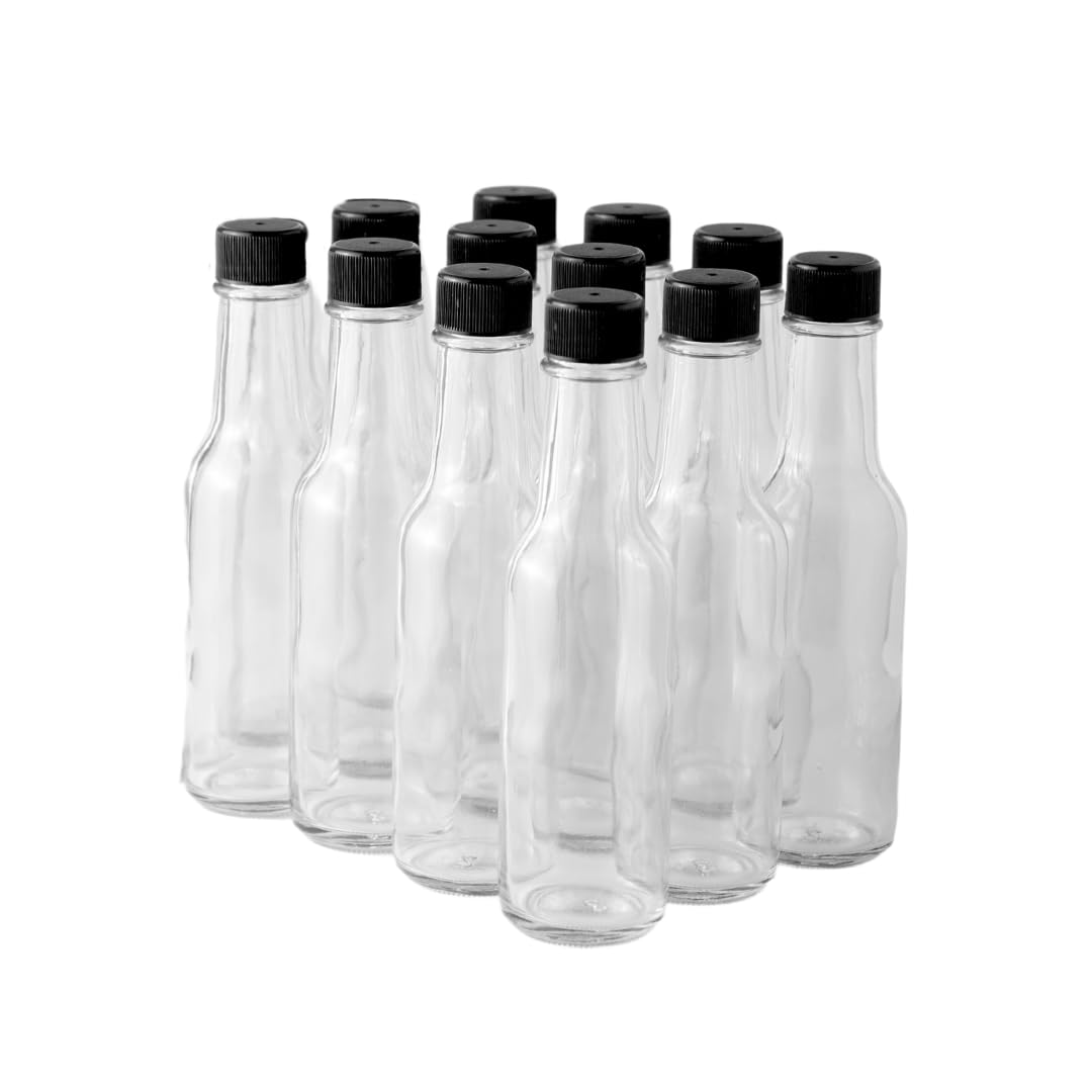 FastRack - Botellas de salsa picante Woozy de 5 onzas, paquete de 12 con tapas de plástico negro, botellas pequeñas vacías, botellas de vidrio transparente con tapa a prueba de fugas, sin gotero