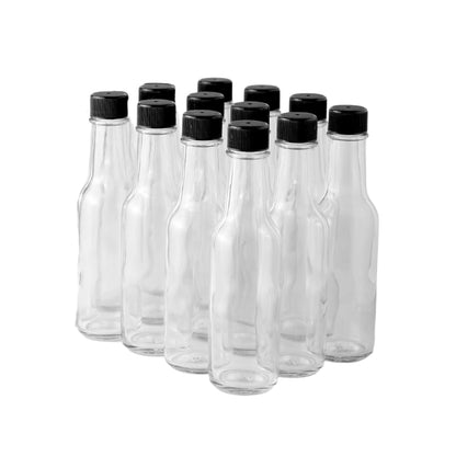 FastRack - Botellas de salsa picante Woozy de 5 onzas, paquete de 12 con tapas de plástico negro, botellas pequeñas vacías, botellas de vidrio transparente con tapa a prueba de fugas, sin gotero