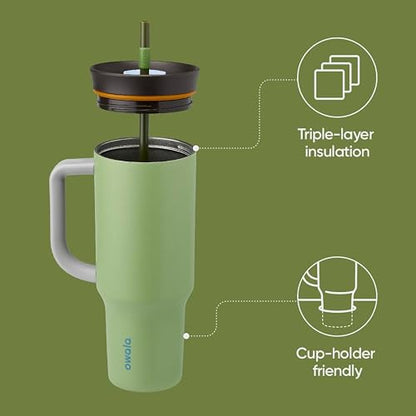 Owala - Vaso de viaje de acero inoxidable de triple capa con tapa resistente a derrames, popote y asa de transporte, sin BPA, 40 onzas, verde (Brave Adventures)