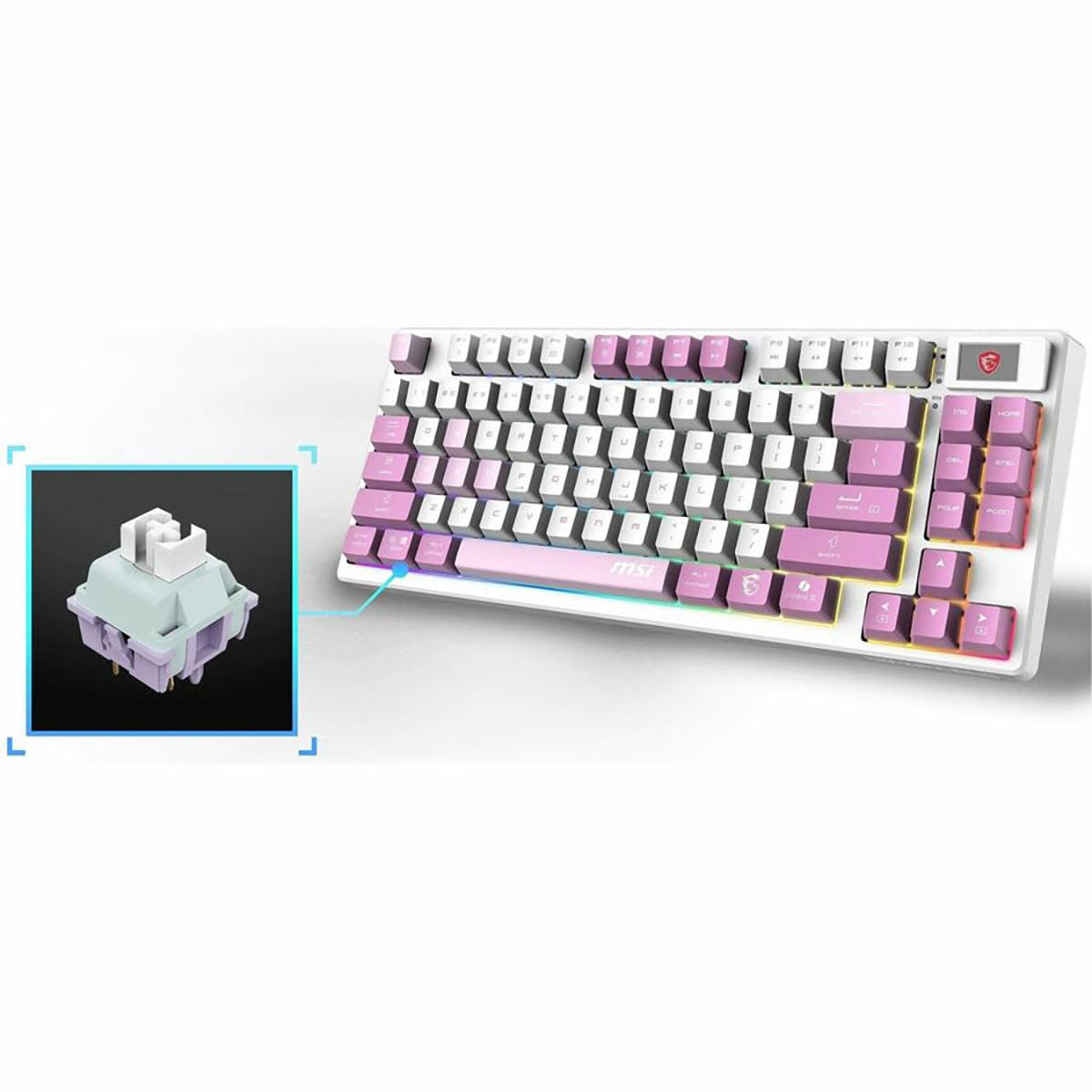 MSI Forge GK600 TKL W Violet US - Interruptores lineales mecánicos - Teclas PBT sublimadas con Tinte, Base Antideslizante, LED RGB, USB 2.0, Bluetooth, 2.4 GHz