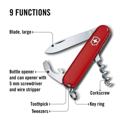Victorinox Navaja Waiter Tipo Oficial, Roja, 9 Usos | Multiherramienta compacta de 84 mm con hoja grande, sacacorchos, abrebotellas y pelacables. Fabricado en Suiza