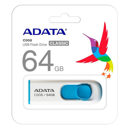ADATA 64 GB Memoria Flash USB 2.0 Deslizable Color Blanco con Azul (Modelo C008)