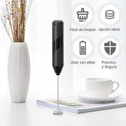 Espumador de Leche, Batidora de Mano, Espumador de Leche Electrico, Batidora de Cafe, Acero Inoxidable Portátil Batidor de Eléctrica para Lattes, Capuchino, Frappe Matcha, Chocolate