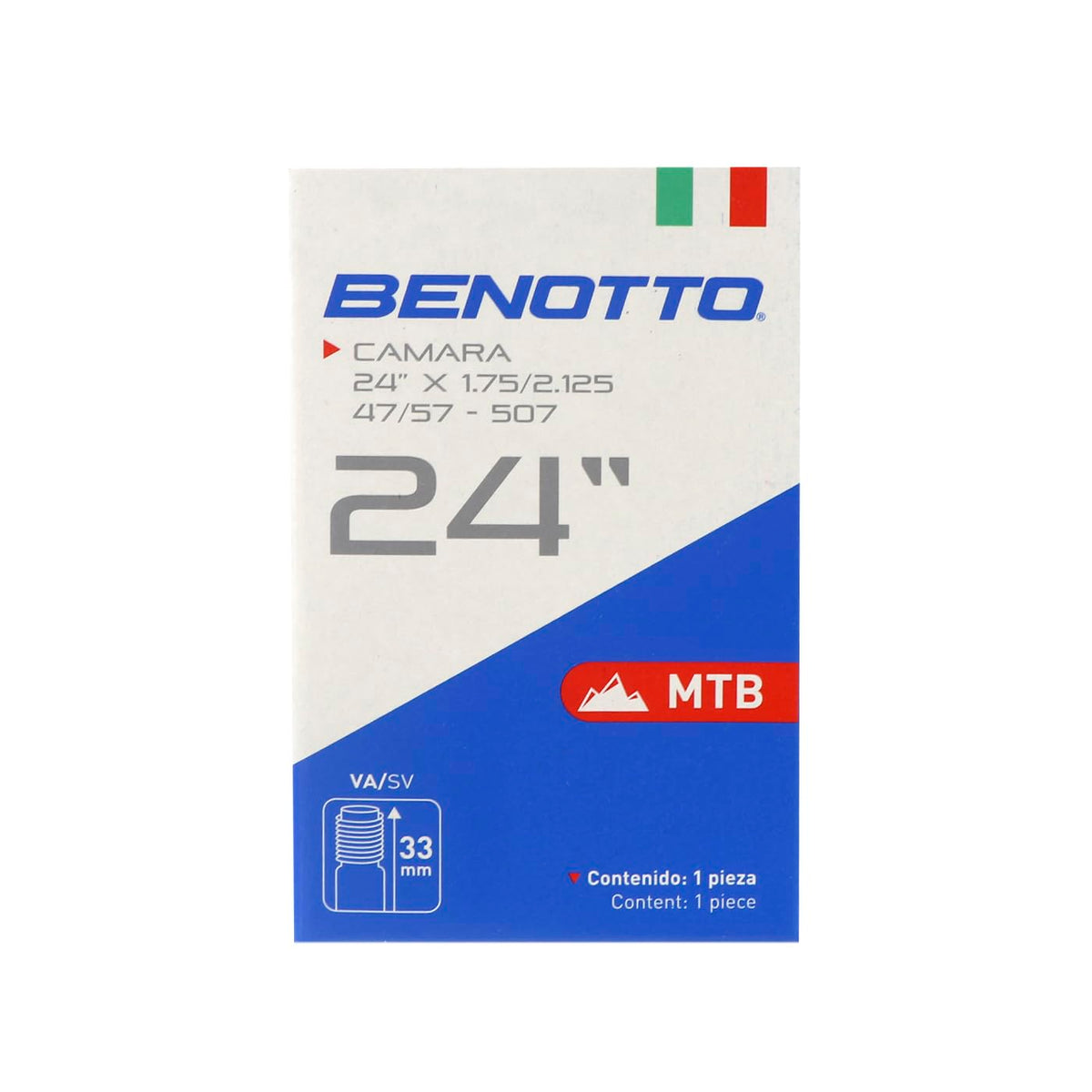 Benotto Cámara 24x1.75-2.125 ‍ | MTB Montaña | Válvula Presta 33mm | Resistente y Fácil de Instalar