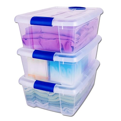 JOY - Caja de Almacenamiento Apilable, Pack de 3, para Organizador Armario, Juguetes, Ropa, con Broche y Tapa Duradera, 15 Litros de Capacidad, Plástico Libre de BPA, Transparente