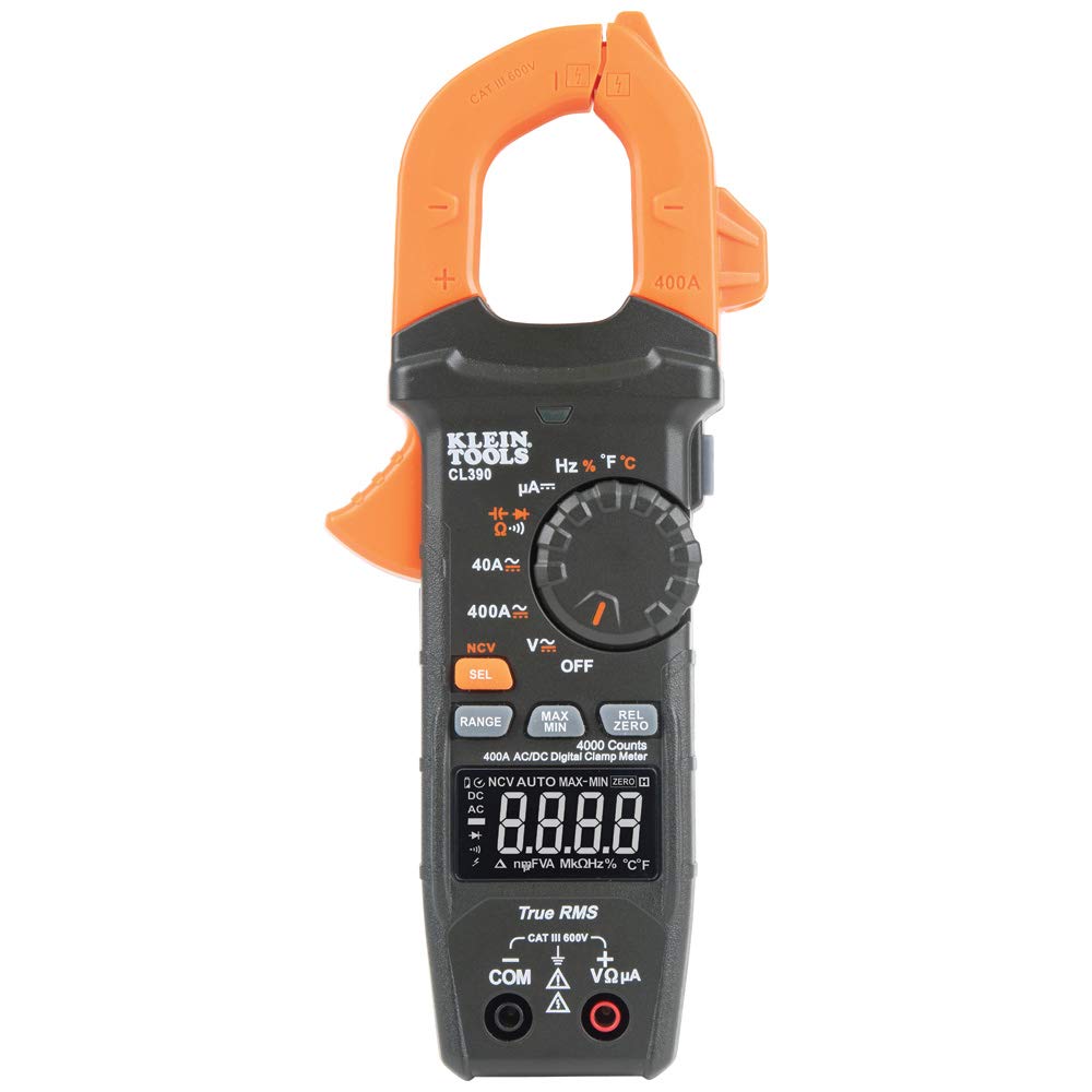 Klein Tools CL390 Digital Clamp Meter, Auto Ranging 400 AMP Measures Electronic AC/DC Voltage AC/DC Current Resistance and TRMS