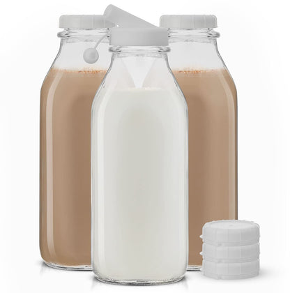 JoyJolt - Botellas de leche de vidrio con tapas y vertedor, 32 onzas, paquete de 3 botellas de vidrio herméticas resistentes y reutilizables, a prueba de fugas, sin BPA, grado alimenticio, apto para