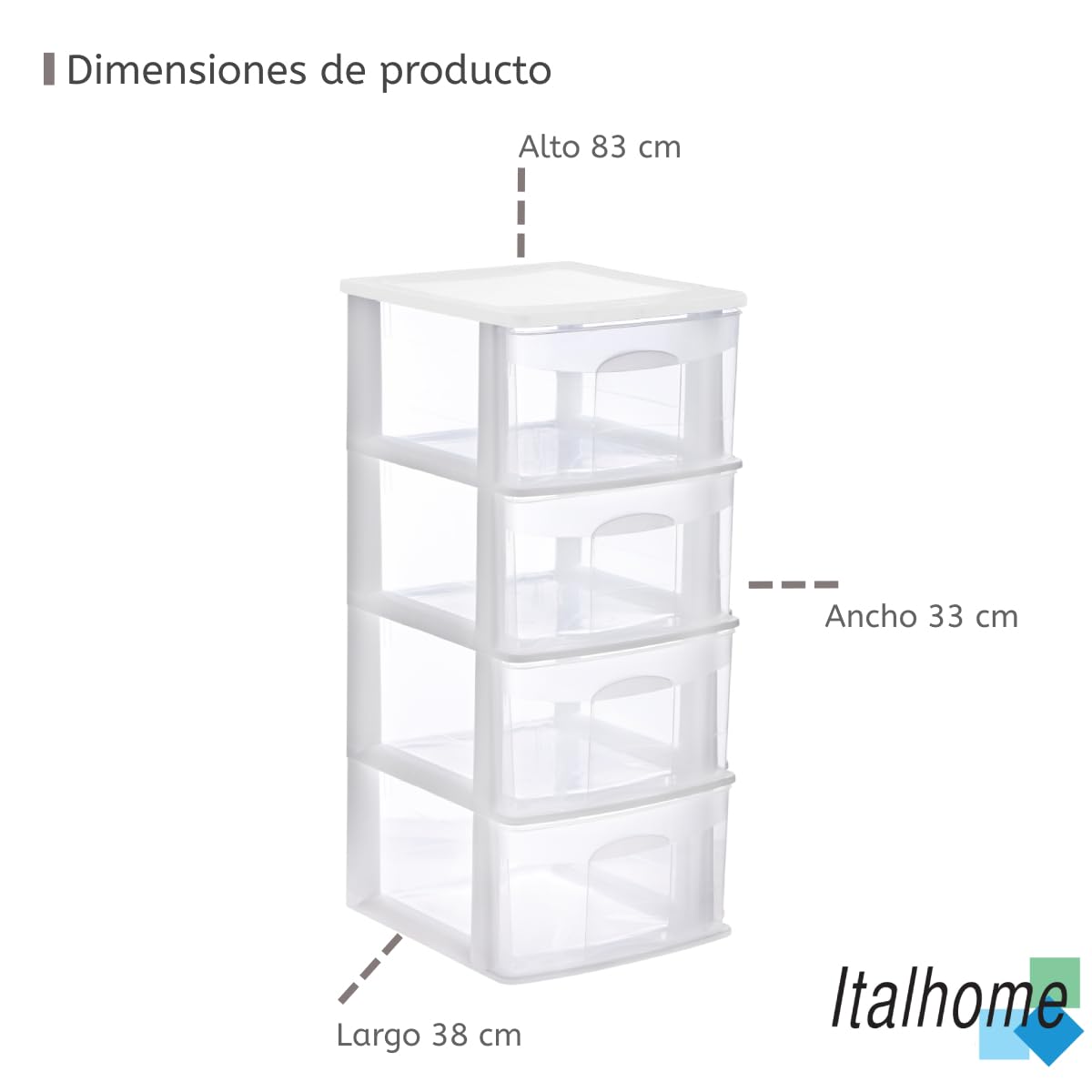 Italhome Cajonera FOX 4 de Plástico 4 Cajones Transparentes, Organizador Multiusos para Hogar y Oficina, Mueble Ligero Resistente, Desarmable Fácil Limpieza, Color Blanco