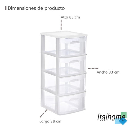 Italhome Cajonera FOX 4 de Plástico 4 Cajones Transparentes, Organizador Multiusos para Hogar y Oficina, Mueble Ligero Resistente, Desarmable Fácil Limpieza, Color Blanco