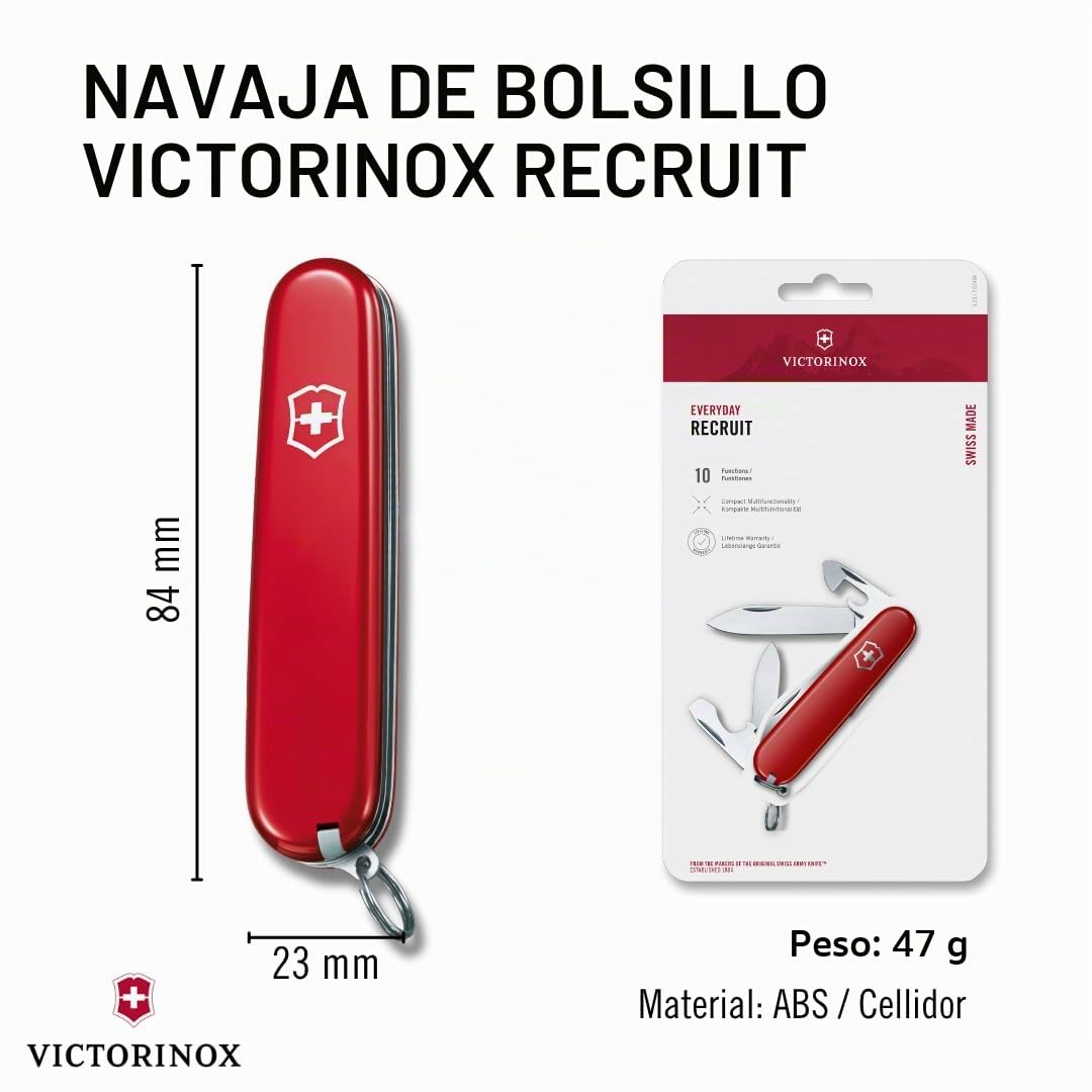 Victorinox Recruit Tipo Oficial, Color Rojo, 10 Usos | Cuchillo de bolsillo hecho en Suiza, 10 funciones, abrelatas, destornilladores, mochila esencial, utilidad diaria