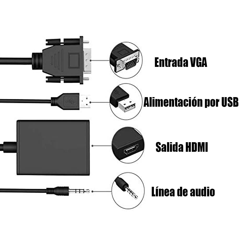 Unicreator Adaptador VGA a HDMI, Convertidor VGA a HDMI Cable Adaptador Digital HD 1080P Video Audio Line Señal analógica para computadora, computadora, computadora, portátil, PC, Monitor, proyector