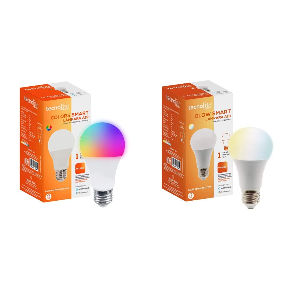 Tecnolite Connect - Pack 1 Foco A19 Inteligente LED Colors Smart + Foco Inteligente LED, Glow Smart de 7 Watts. Iluminación Interior