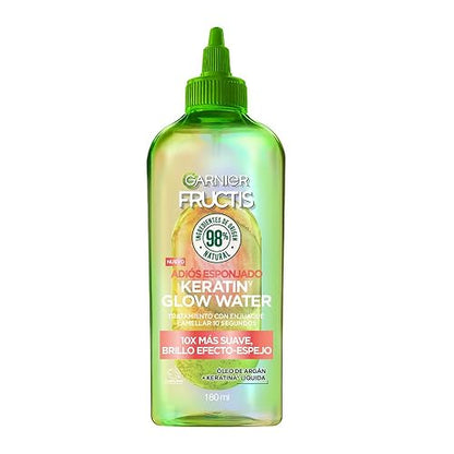 Garnier Fructis Adiós Esponjado Tratamiento Keratin Glow Water Antifrizz, 180ml 10X mas Suave, Brillo Efecto Espejo con Oleo de Argán y Keratina Liquida
