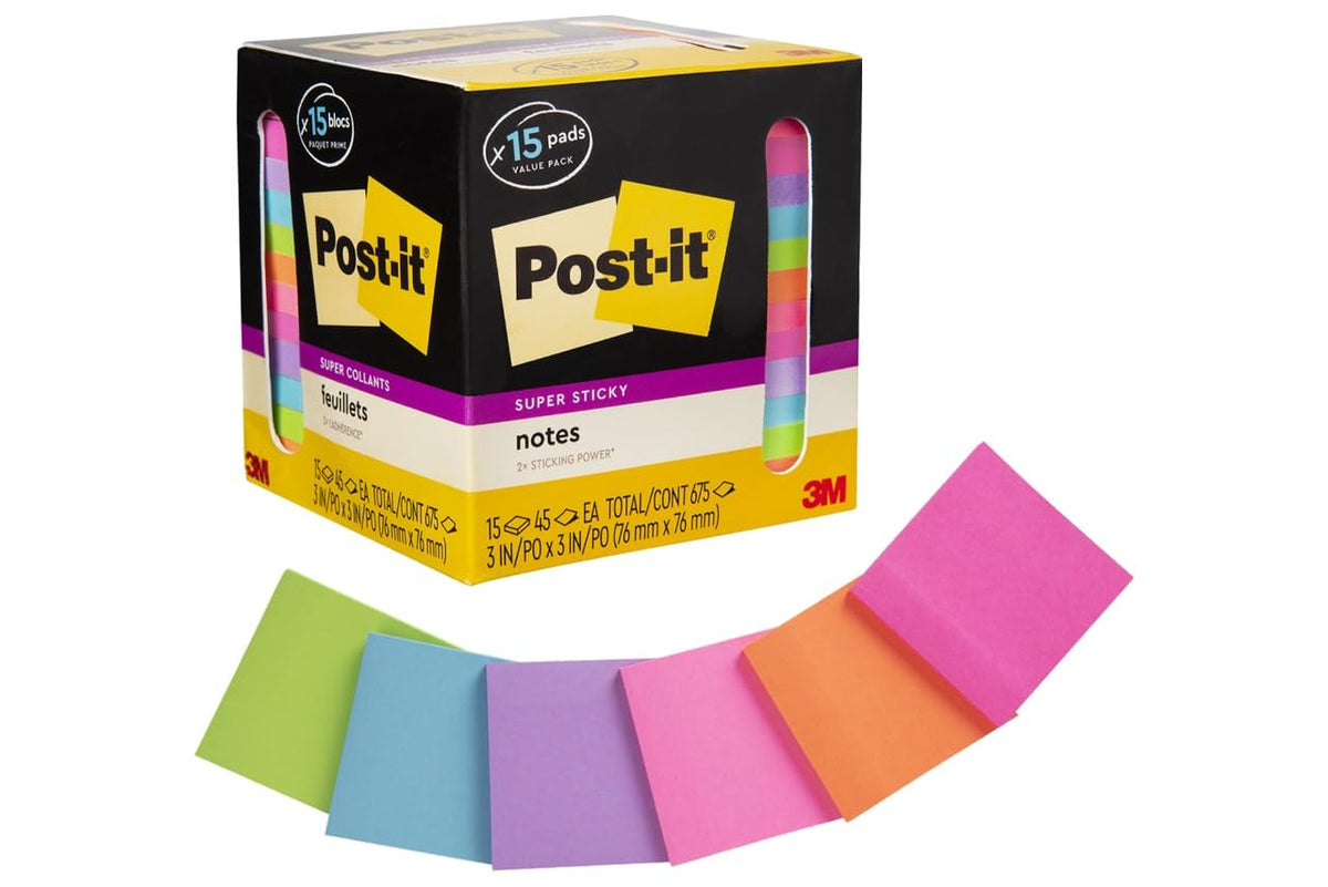 Post-it - Notas superadhesivas, colores surtidos, 3 x 3 pulgadas, 15 almohadillas para orejas por paquete, 45 hojas/bloque, 2 unidades de poder pegado, reciclable, multicolor