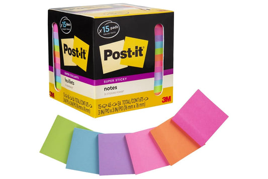 Post-it - Notas superadhesivas, colores surtidos, 3 x 3 pulgadas, 15 almohadillas para orejas por paquete, 45 hojas/bloque, 2 unidades de poder pegado, reciclable, multicolor