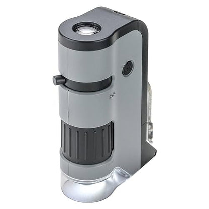Carson Microflip 100X-250x - Microscopio de Bolsillo con Luz LED y UV, Base Deslizante Abatible y Clip de Digitalización para Smartphone (MP-250 o MP-250MU), Paquete Individual, Gris, una Talla