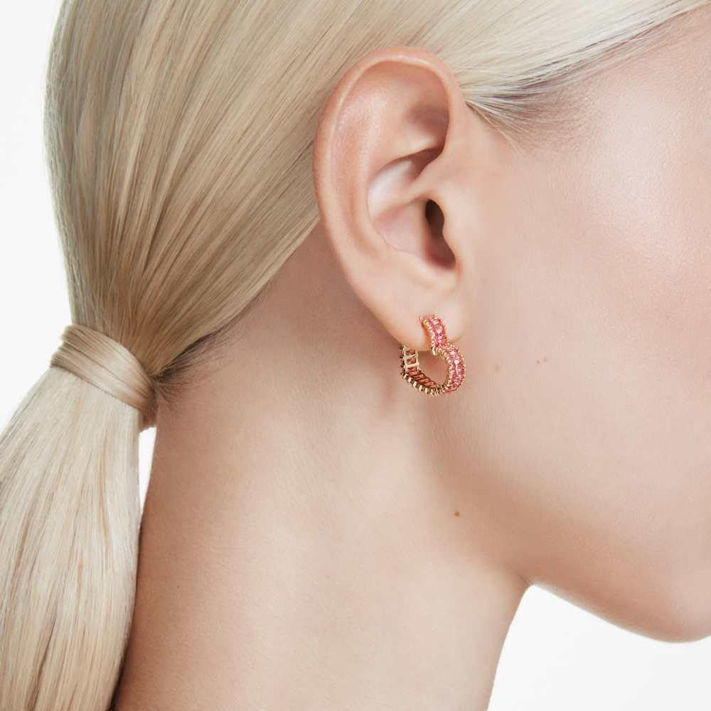 Swarovski Aretes de aro Matrix, Talla baguette, Corazón, Pequeños, Rosas, Baño tono oro