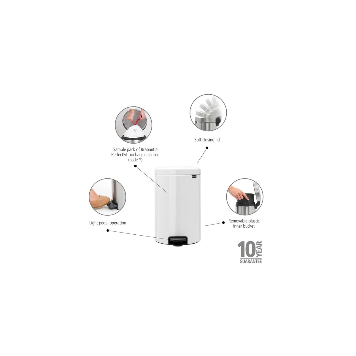 BRABANTIA | Bote de Basura NewIcon con Pedal | 20 L (5.3 Gal) | Acero y Plástico | Cierre Suave y Antiodor | Ideal para Cocina o Baño | Color: Blanco | Mod. 111846