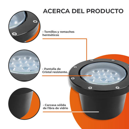 Tecnolite - Lámpara de Piso LED Empotrable Ideal Zona Costera 12 W, Luz Suave Cálida, IP65, IK06, LED integrado