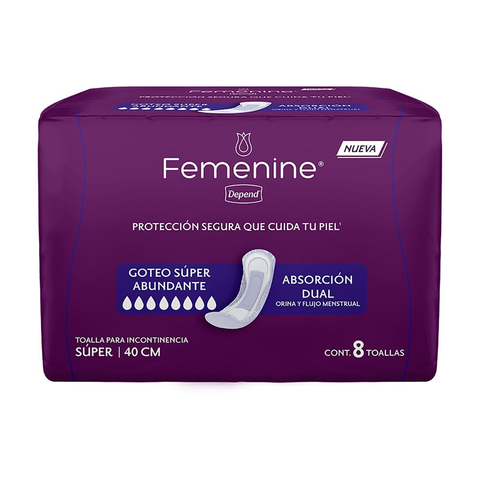 Depend Femenine Toalla para Incontinencia Súper, Caja con 18 Paquetes de 8 Piezas (144 Piezas). Tecnología 2 en 1: absorbe orina y flujo menstrual