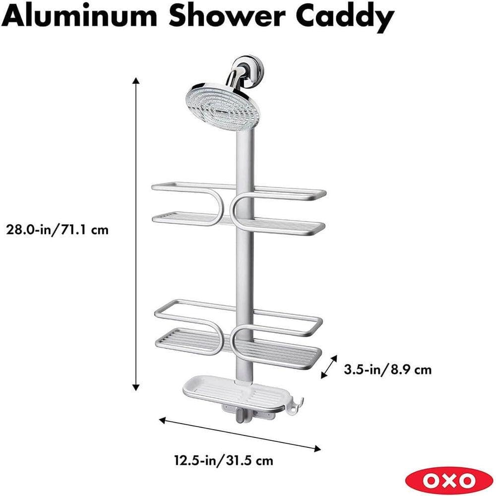 OXO Good Grips - Cesta de Ducha de Aluminio de 3 Niveles | Cesta a prueba de óxido, gancho antideslizante y succión segura, instalación sin herramientas, cesta de gran capacidad