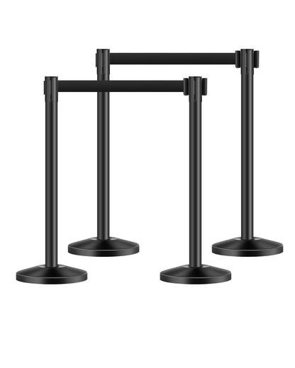 VEVOR 4 PCS Poste de Estaca de Acero al Carbono de 2 m con Base Hueca de Inyección de Arena y 4 Cinturones Retráctiles Negros, Barreras de Control de Multitudes para Teatro, Fiesta, Boda, Negro