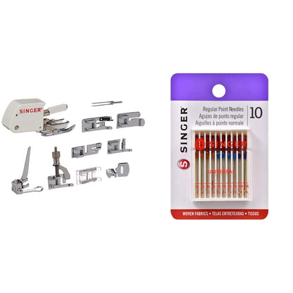 Singer Juego de Accesorios Que Incluye 9 Prensa Telas, Aguja Doble y Estuche + Agujas de máquina de Punto Regular, tamaño 80/11, Size 11, 14, 16 10/Pkg, 10 Unidades, 1