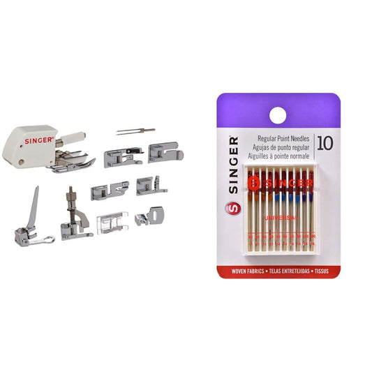 Singer Juego de Accesorios Que Incluye 9 Prensa Telas, Aguja Doble y Estuche + Agujas de máquina de Punto Regular, tamaño 80/11, Size 11, 14, 16 10/Pkg, 10 Unidades, 1