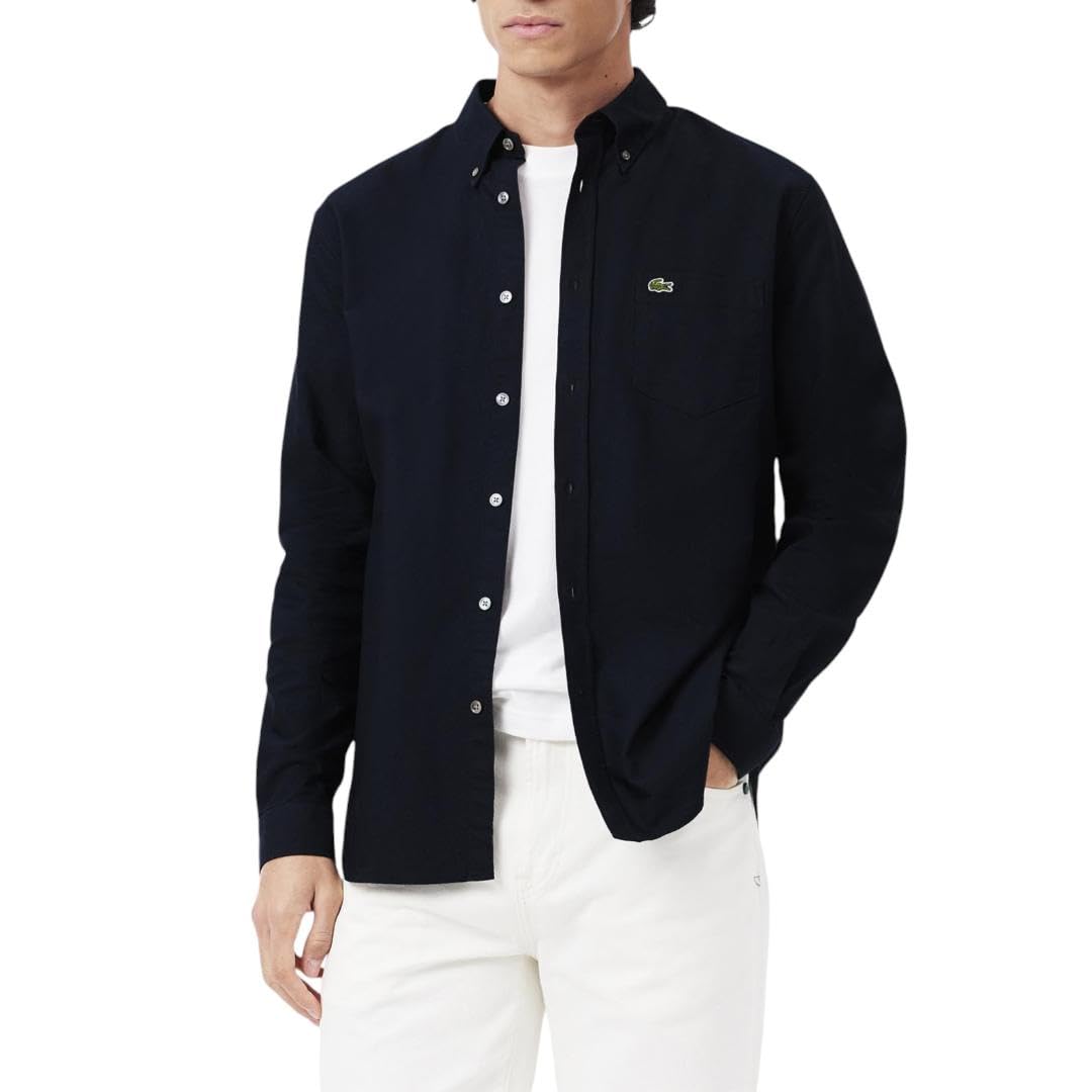 Lacoste Camisa Oxford de Manga Larga con Botones para Hombre - XS-CH - Azul Marino