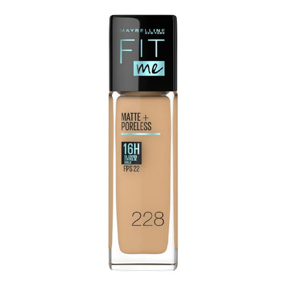 Maybelline Base de Maquillaje Líquida Fit Me Matte & Poreless, 228 Soft Tan, 30 ml, matifica y controla brillo por 16h, minimiza la apariencia de poros, arrugas y líneas de expresión