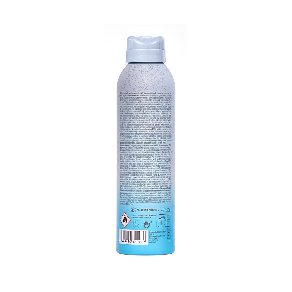 ISDIN fotoprotector transparent spray wet skin pediatrics spf 50, protector solar corporal para ninos, textura invisible y ligera para piel mojada, 250ml