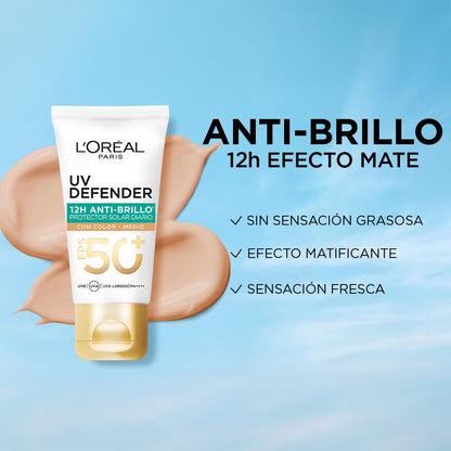 L'Oréal Paris Protector Solar Diario FPS50+ UV Defender Anti-Brillo Tono Medio, 40ml
