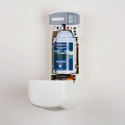 Rubbermaid Commercial Microburst 9000 - Dispensador LCD con control de olores en aerosol, color blanco, para restaurantes, hoteles, escuelas, aeropuertos, oficinas