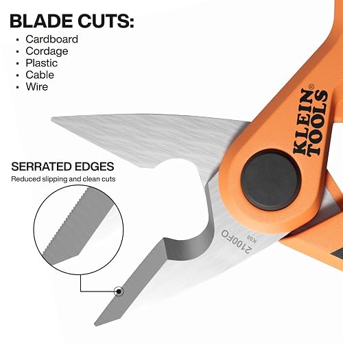 KLEIN TOOLS 2100FO | Tijeras De Electricista | Pelacables | Corte De Cables | Corta y pela cables con tijeras compactas de 6 pulgadas, hoja dentada y acero inoxidable para trabajo eléctrico.