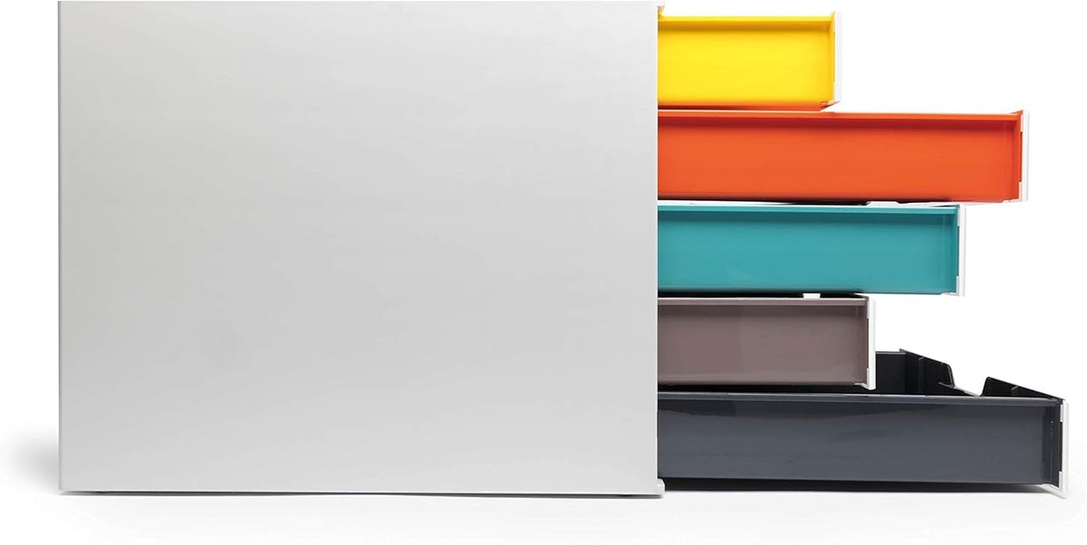 Durable 762527 - Cajonera (A4, varios colores), 5 Fächer | Plástico ABS estable, para formatos A4 y C4, cajones apilables con tope de extracción, 280x292x356 mm, Made in Germany
