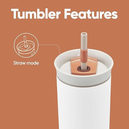 Owala - Vaso térmico de viaje de acero inoxidable de triple capa con tapa antiderrame y popote, libre de BPA, 710 ml, gris/blanco (Iced Tea)