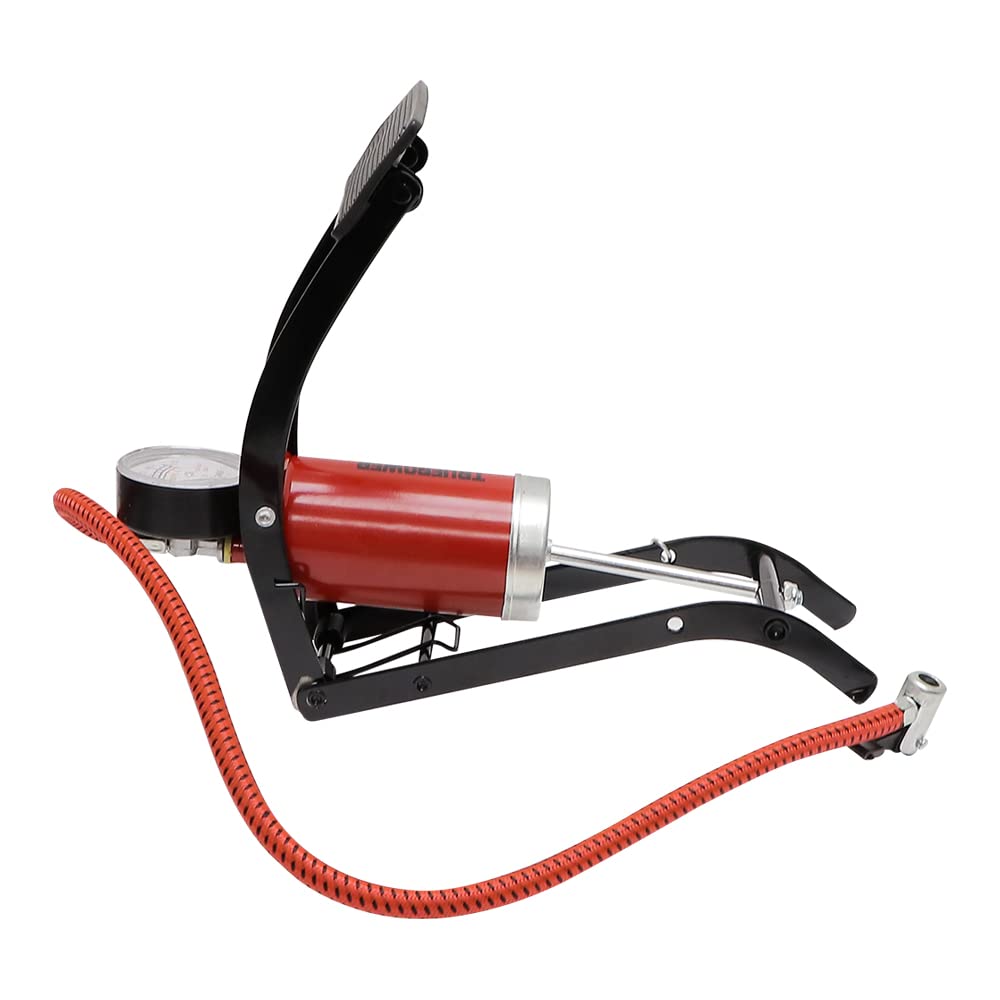 TruePower TPFT100M Bomba de Aire de Pie, Cilindro Metálico, Pistón Metálico, 100 psi, Incluye: Válvula y Manómetro, Rojo