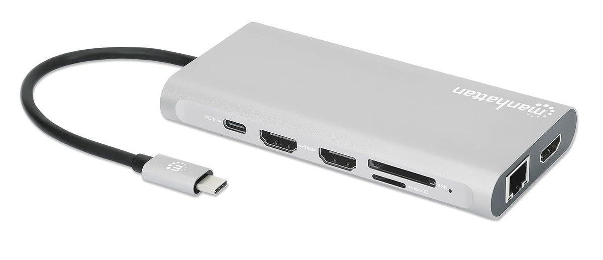 Manhattan Docking Station USB C para Triple Monitor HDMI 4K, Hub 12 en 1 con Ethernet, Carga PD 100W, USB-C de Datos y Lector SD para Laptop, MacBook, DELL, HP y Windows, Gris Espacial, 130660