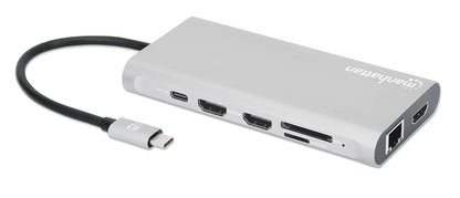 Manhattan Docking Station USB C para Triple Monitor HDMI 4K, Hub 12 en 1 con Ethernet, Carga PD 100W, USB-C de Datos y Lector SD para Laptop, MacBook, DELL, HP y Windows, Gris Espacial, 130660